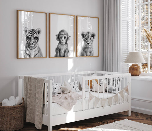 Black and White Safari Animal Prints, Set Of 3 Monochrome Jungle Nursery Wall Art Prints, Neutral Nursery Decor, Unisex Child's Bedroom
