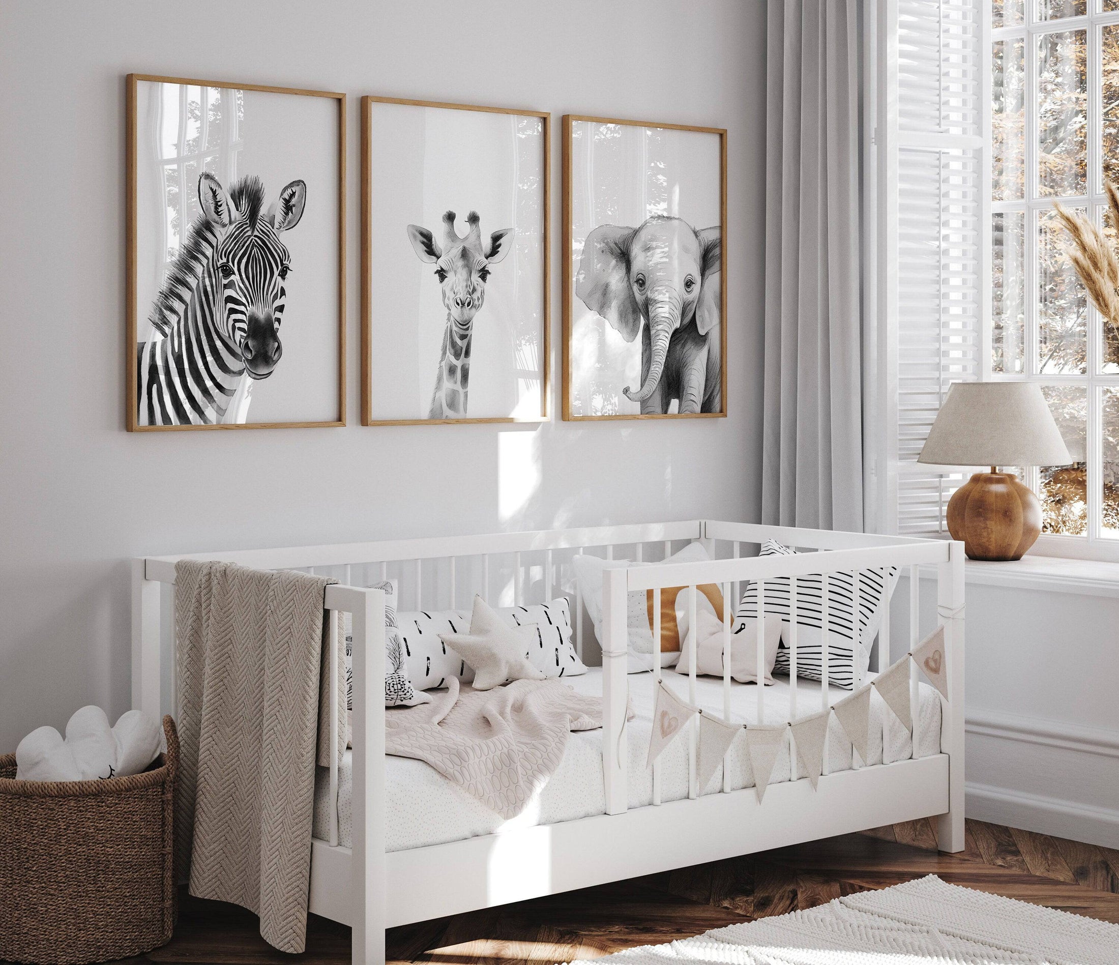 Black and White Safari Animal Prints, Set Of 3 Monochrome Jungle Nursery Wall Art Prints, Neutral Nursery Decor, Unisex Child's Bedroom