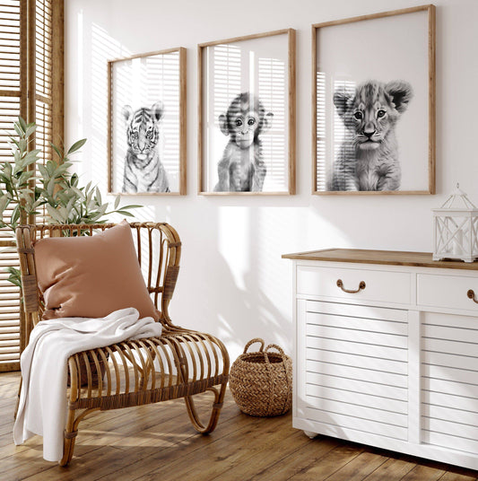 Black and White Safari Animal Nursery Prints, Set Of 3 Monochrome Jungle Animal Nursery Wall Art, Neutral Nursery Decor, Kids Unisex Bedroom