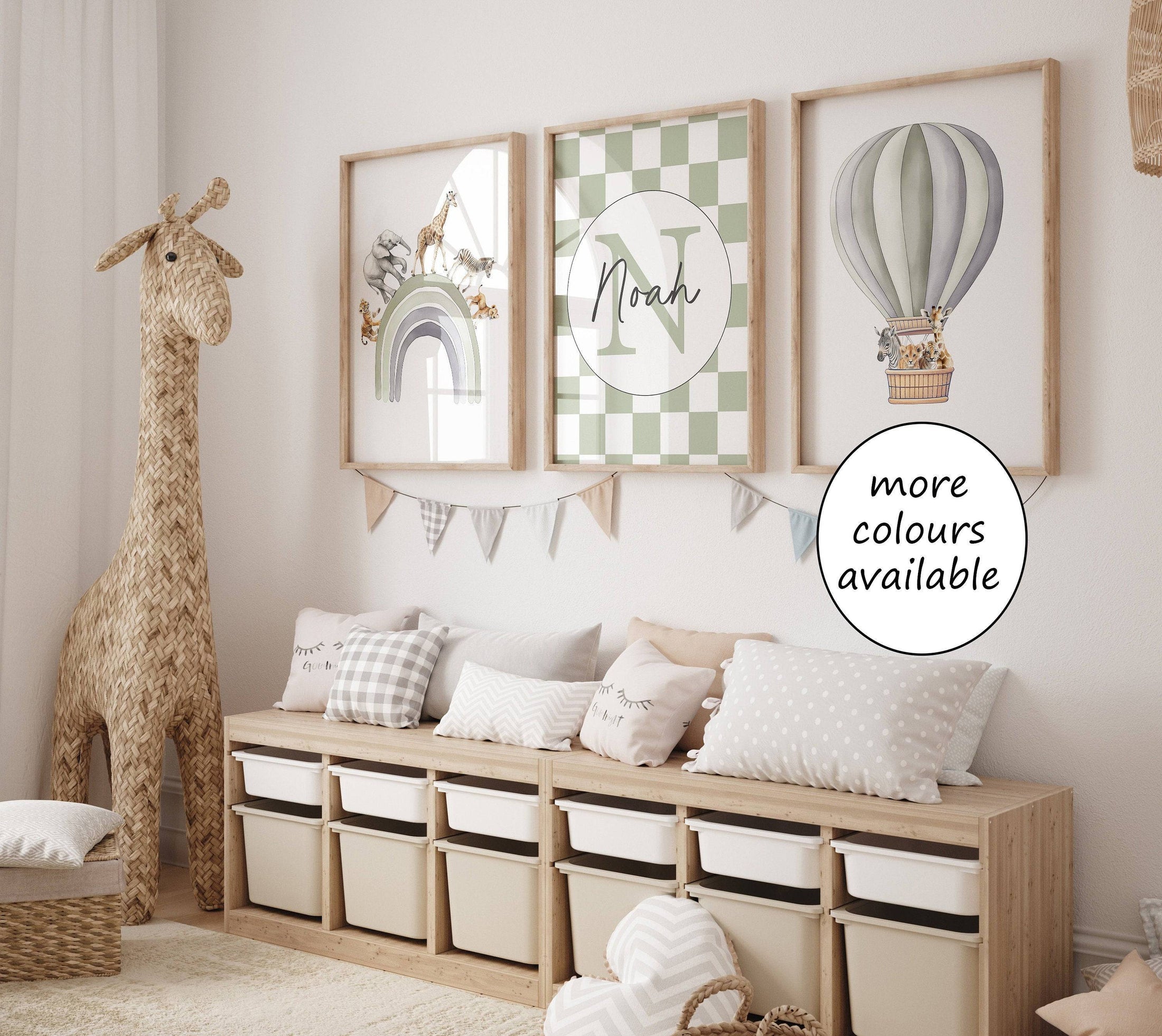 Personalised Hot Air Balloon & Rainbow Safari Animal Wall Art | Checkerboard | Set of 3 Nursery Prints - RoseRowanDesign