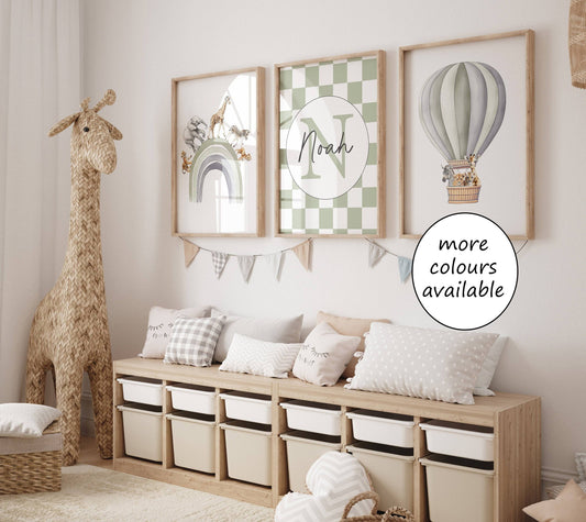 Personalised Hot Air Balloon & Rainbow Safari Animal Wall Art | Checkerboard | Set of 3 Nursery Prints - RoseRowanDesign