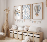 Personalised Hot Air Balloon & Rainbow Safari Animal Wall Art | Checkerboard | Set of 3 Nursery Prints - RoseRowanDesign