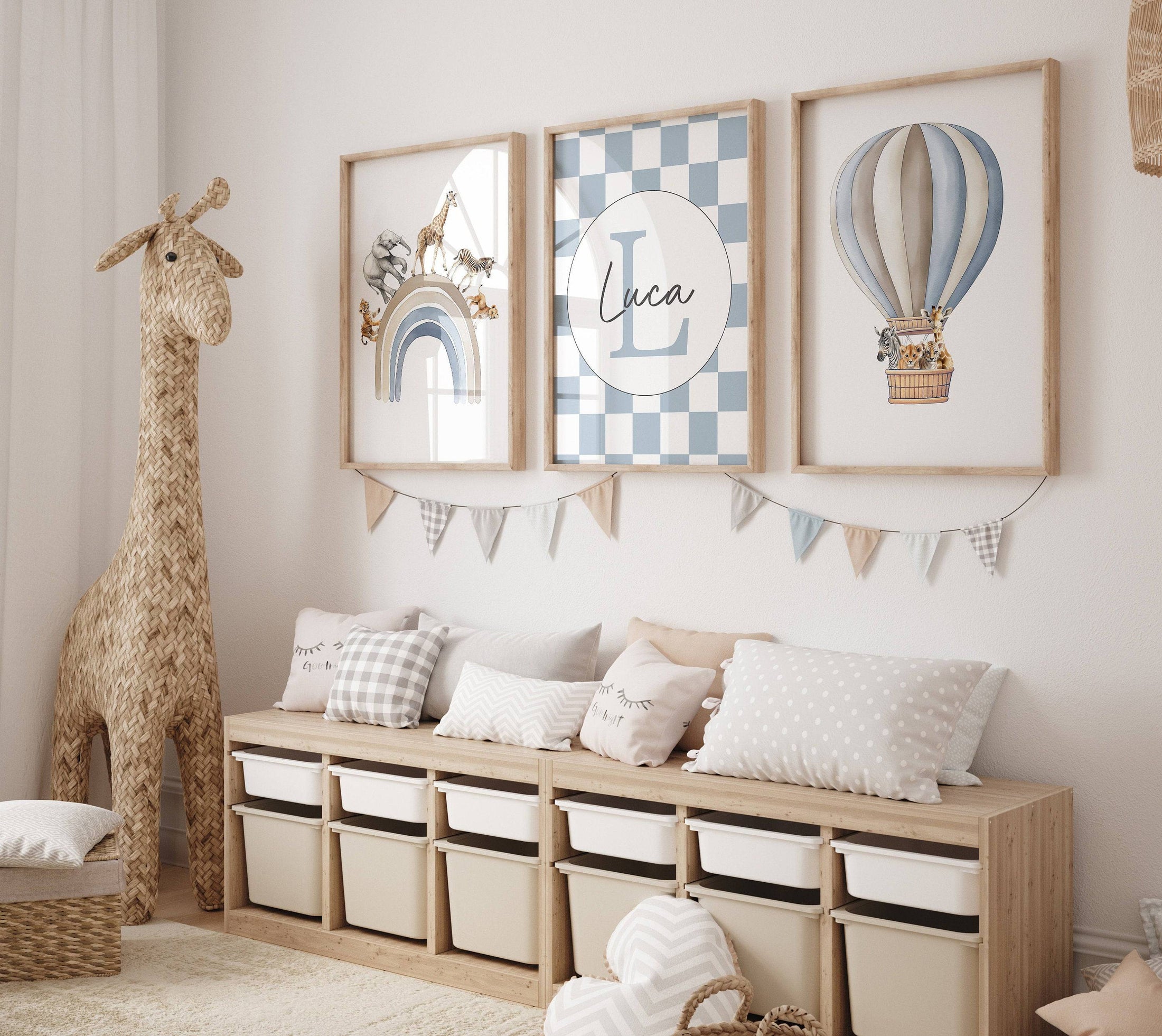Personalised Hot Air Balloon & Rainbow Safari Animal Wall Art | Checkerboard | Set of 3 Nursery Prints - RoseRowanDesign