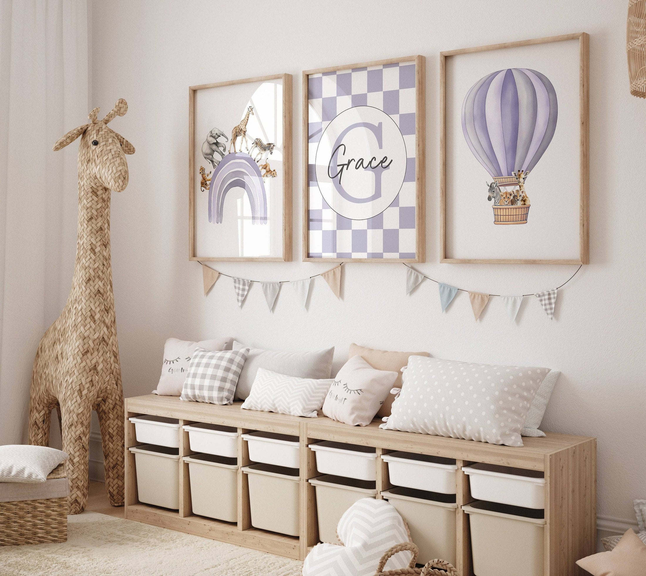 Personalised Hot Air Balloon & Rainbow Safari Animal Wall Art | Checkerboard | Set of 3 Nursery Prints - RoseRowanDesign