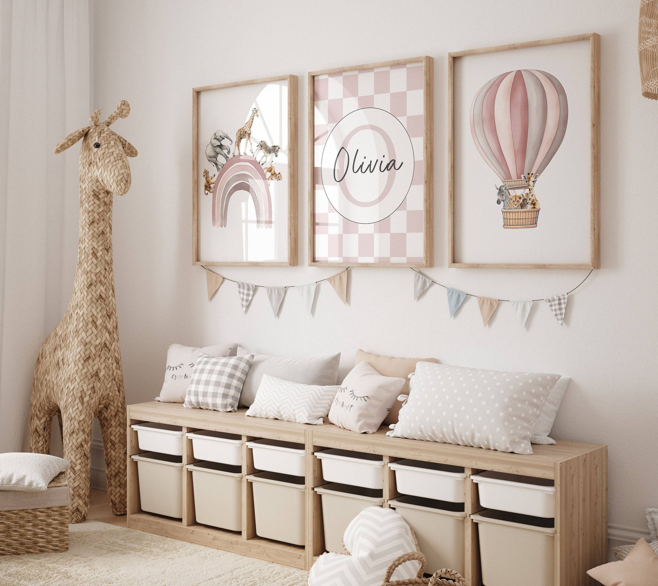 Personalised Hot Air Balloon & Rainbow Safari Animal Wall Art | Checkerboard | Set of 3 Nursery Prints - RoseRowanDesign