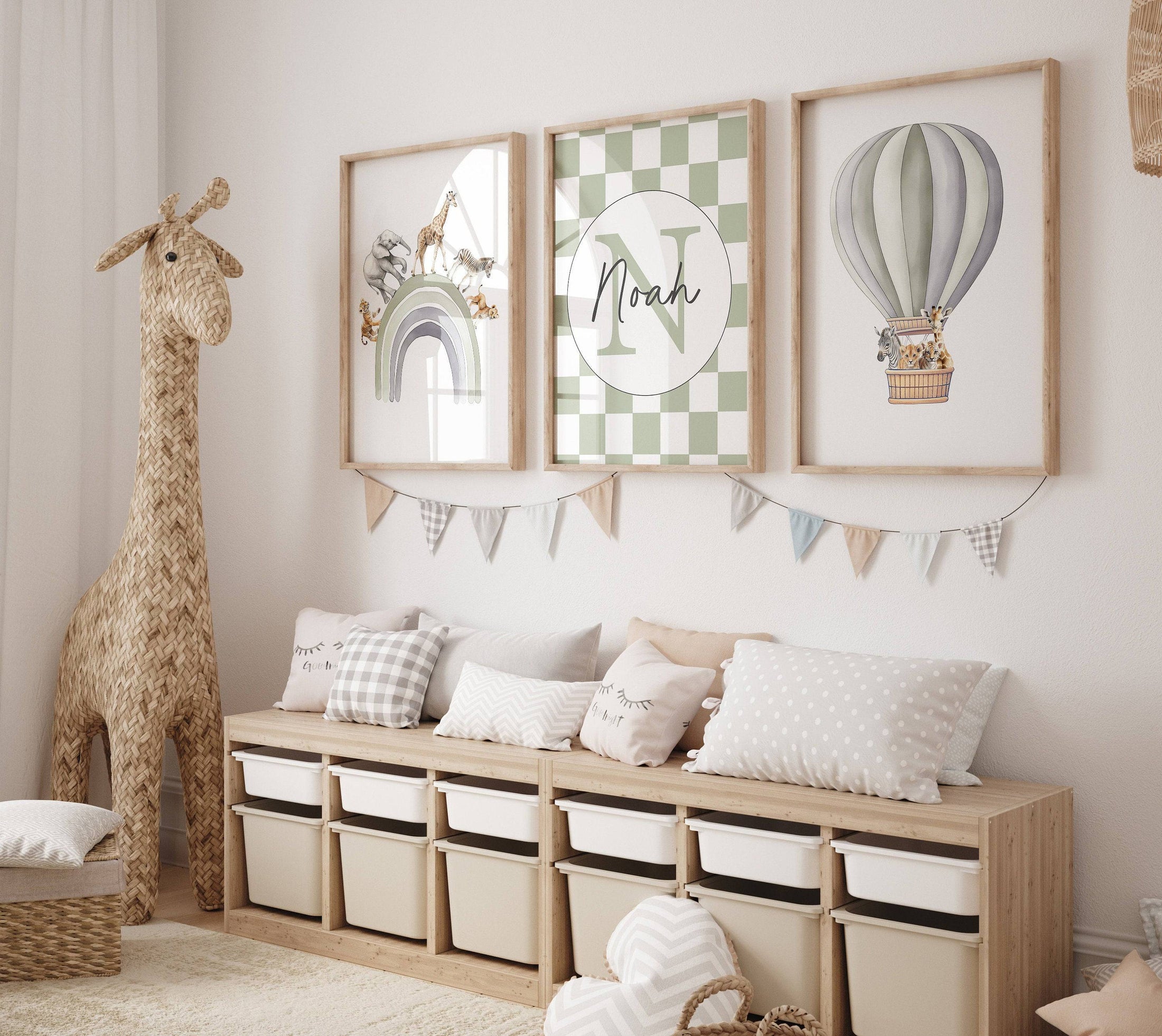 Personalised Hot Air Balloon & Rainbow Safari Animal Wall Art | Checkerboard | Set of 3 Nursery Prints - RoseRowanDesign