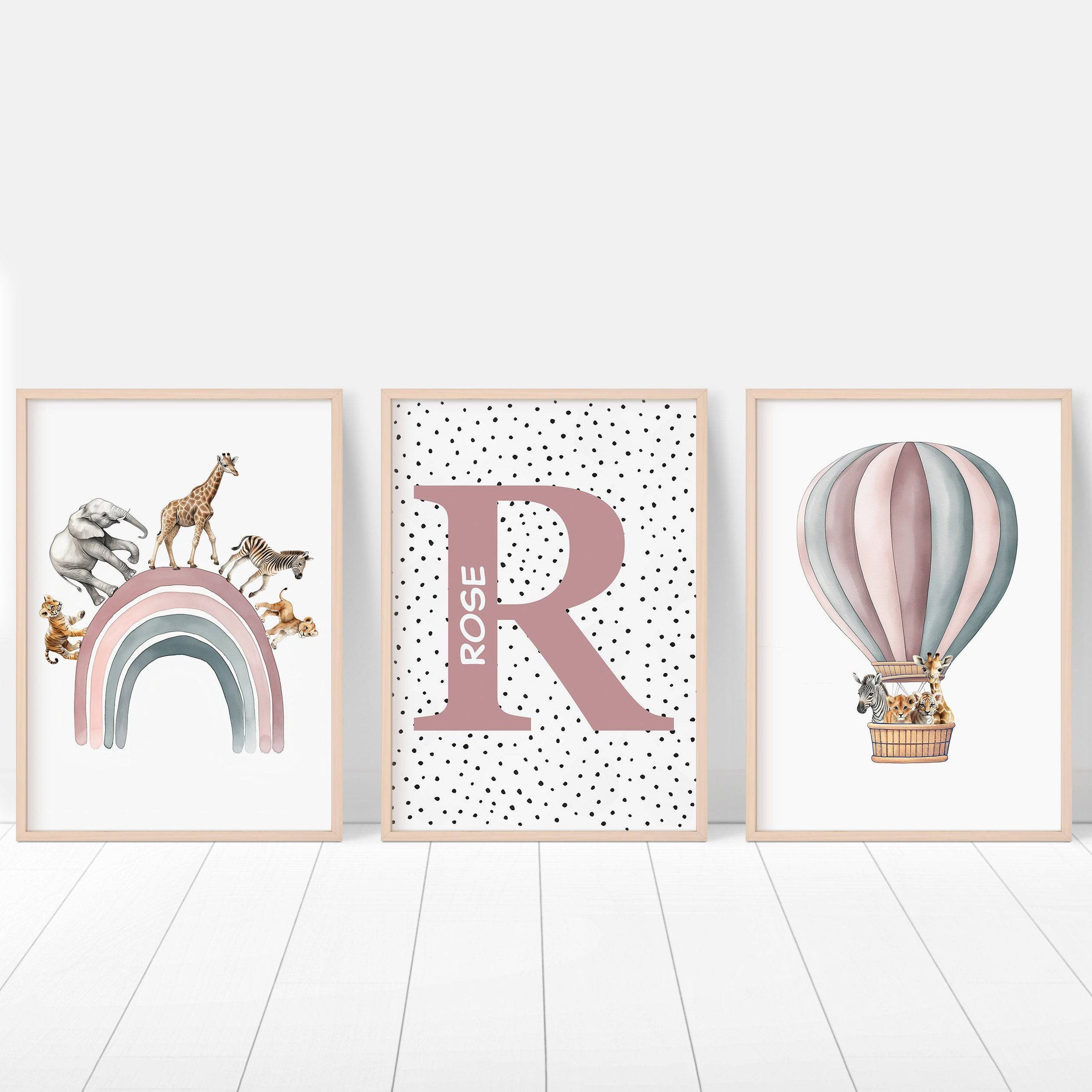 Personalised Hot Air Balloon & Rainbow Safari Animal Wall Art | Polka Dots | Set of 3 Nursery Prints - RoseRowanDesign