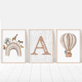 Load image into Gallery viewer, Personalised Hot Air Balloon & Rainbow Safari Animal Wall Art | Polka Dots | Set of 3 Nursery Prints - RoseRowanDesign
