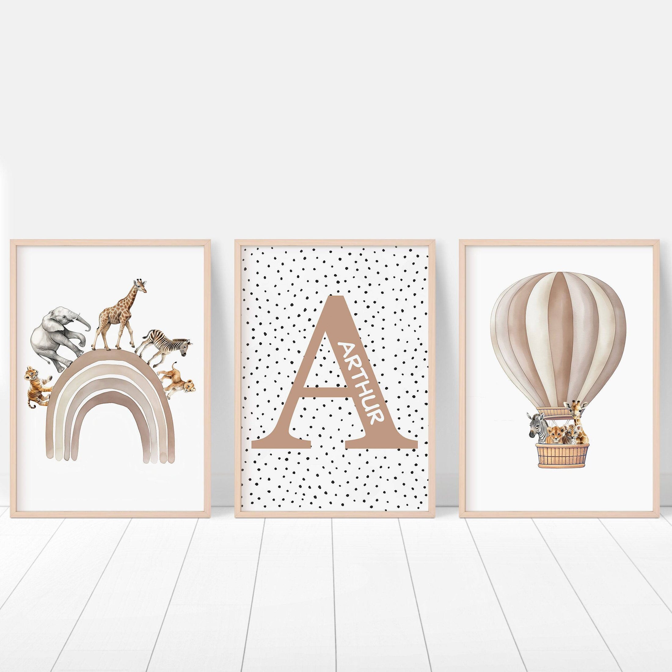 Personalised Hot Air Balloon & Rainbow Safari Animal Wall Art | Polka Dots | Set of 3 Nursery Prints - RoseRowanDesign