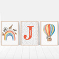 Load image into Gallery viewer, Personalised Hot Air Balloon & Rainbow Safari Animal Wall Art | Polka Dots | Set of 3 Nursery Prints - RoseRowanDesign
