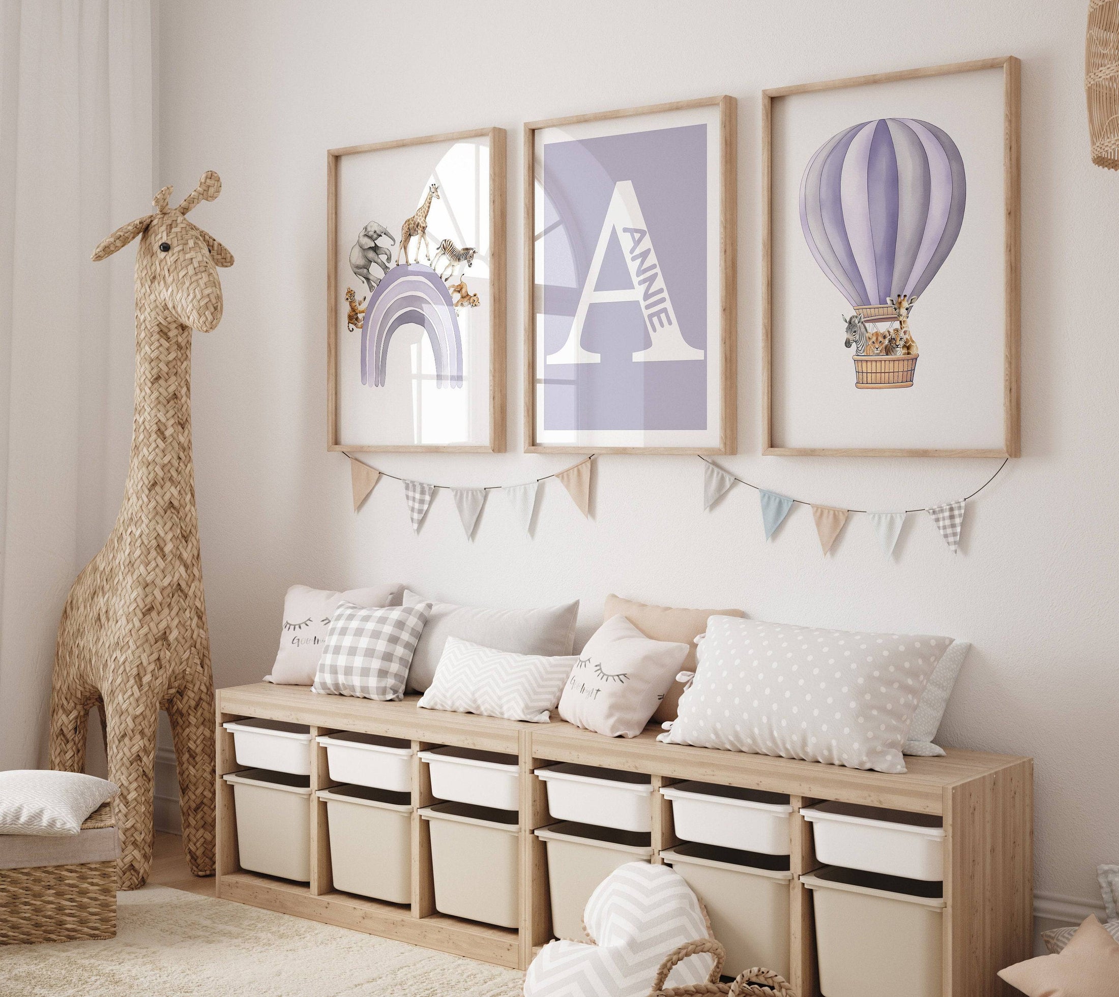 Personalised Hot Air Balloon & Rainbow Safari Animal Wall Art | Solid Colour | Set of 3 Nursery Prints - RoseRowanDesign
