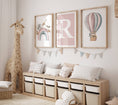Load image into Gallery viewer, Personalised Hot Air Balloon & Rainbow Safari Animal Wall Art | Solid Colour | Set of 3 Nursery Prints - RoseRowanDesign
