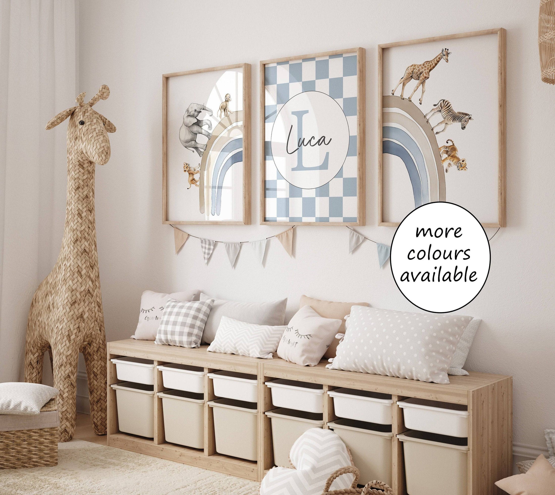 Personalised Rainbow & Safari Animal Wall Art | Checkerboard Rainbow | Set of 3 Nursery Prints - RoseRowanDesign