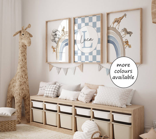 Personalised Rainbow & Safari Animal Wall Art | Checkerboard Rainbow | Set of 3 Nursery Prints - RoseRowanDesign