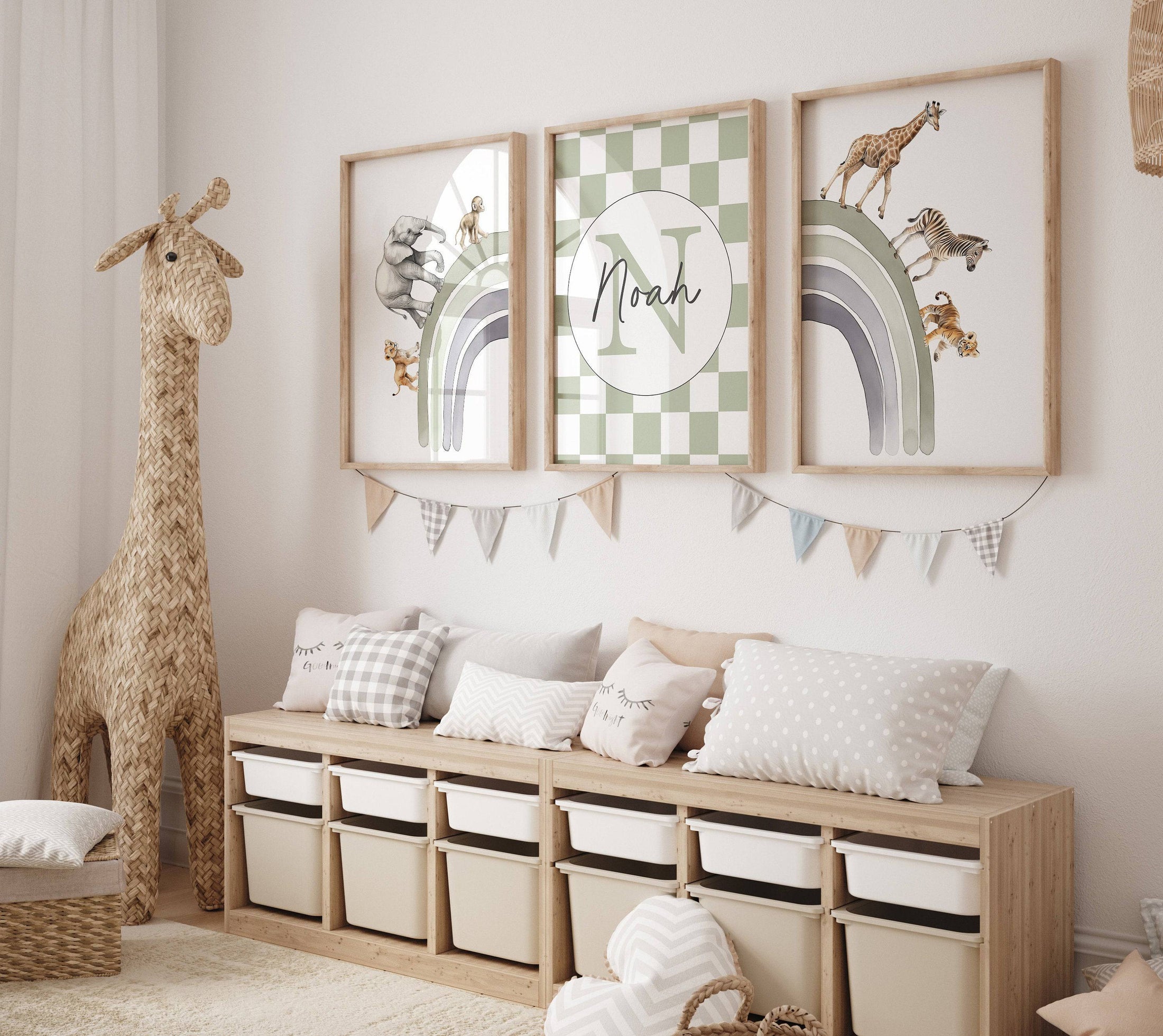 Personalised Rainbow & Safari Animal Wall Art | Checkerboard Rainbow | Set of 3 Nursery Prints - RoseRowanDesign