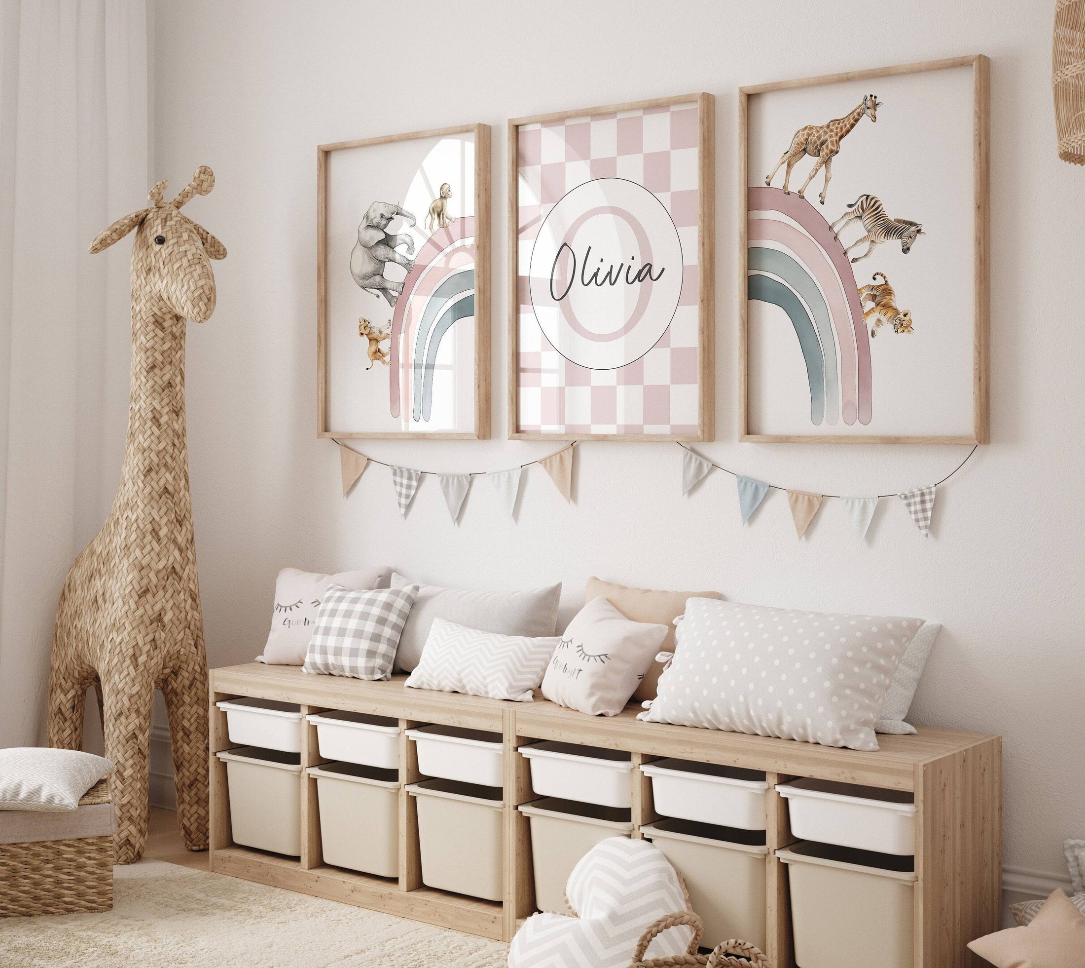 Personalised Rainbow & Safari Animal Wall Art | Checkerboard Rainbow | Set of 3 Nursery Prints - RoseRowanDesign