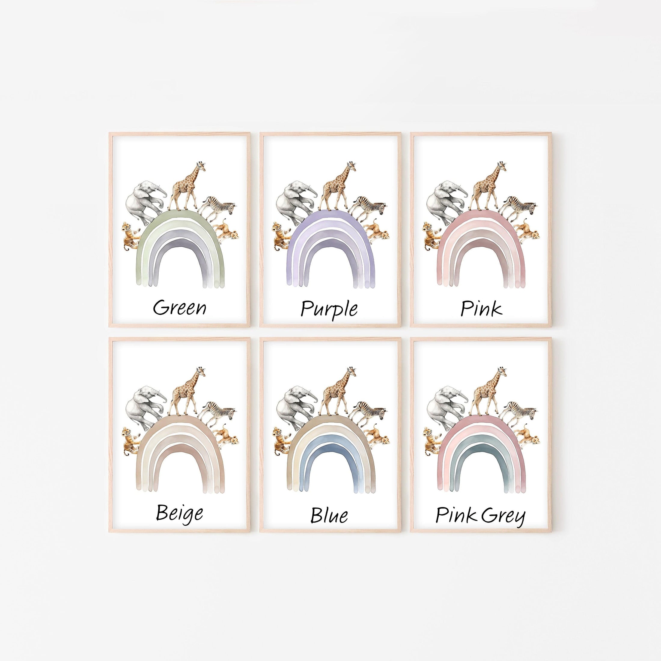 Personalised Rainbow & Safari Animal Wall Art | Checkerboard Rainbow | Set of 3 Nursery Prints - RoseRowanDesign
