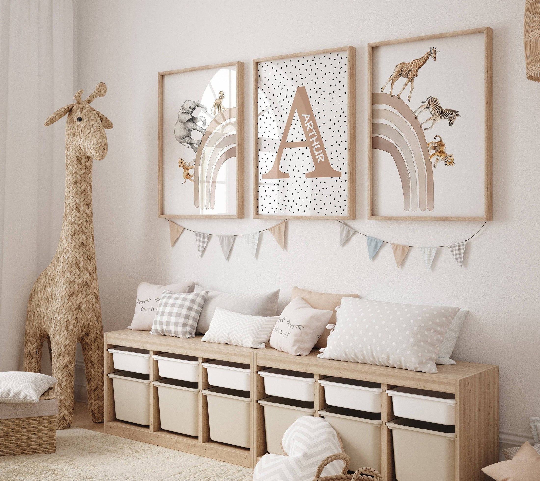 Personalised Rainbow & Safari Animal Wall Art | Polka Dots Rainbow | Set of 3 Nursery Prints - RoseRowanDesign