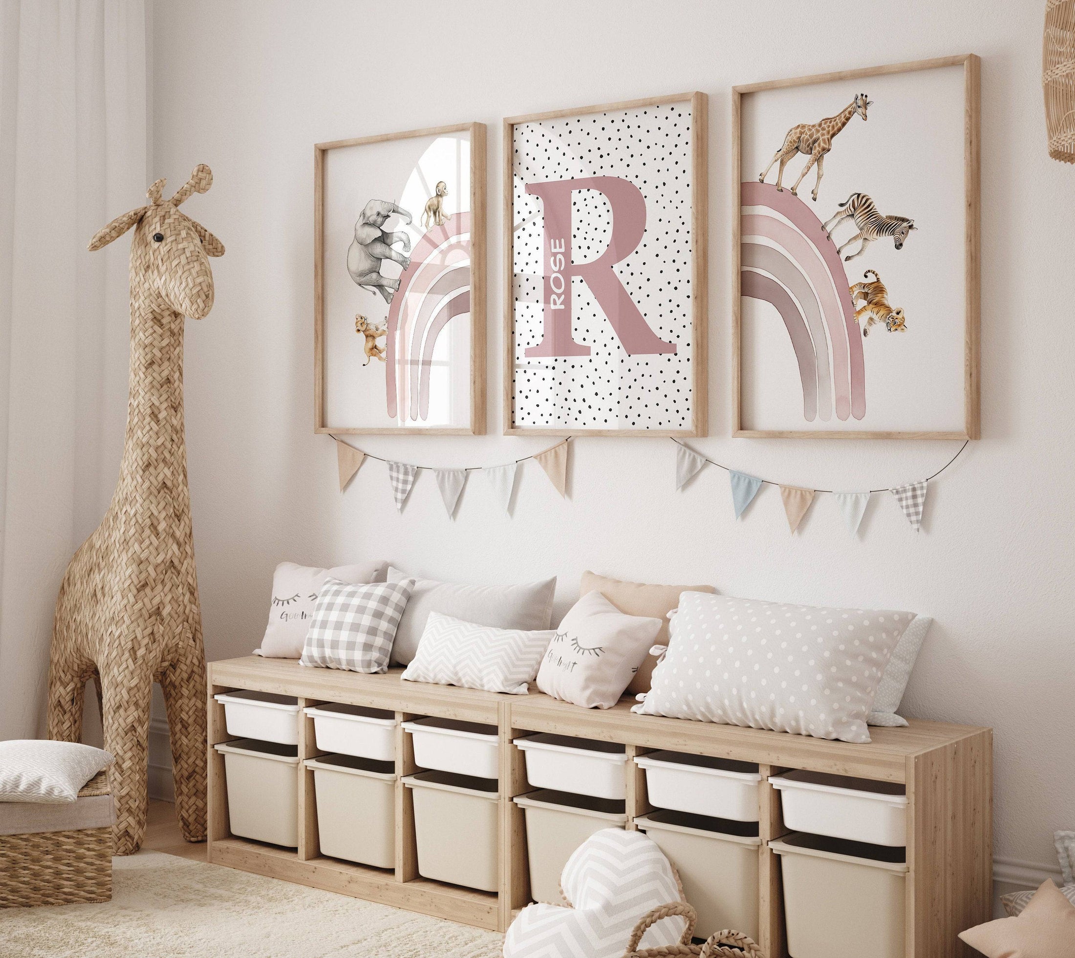 Personalised Rainbow & Safari Animal Wall Art | Polka Dots Rainbow | Set of 3 Nursery Prints - RoseRowanDesign