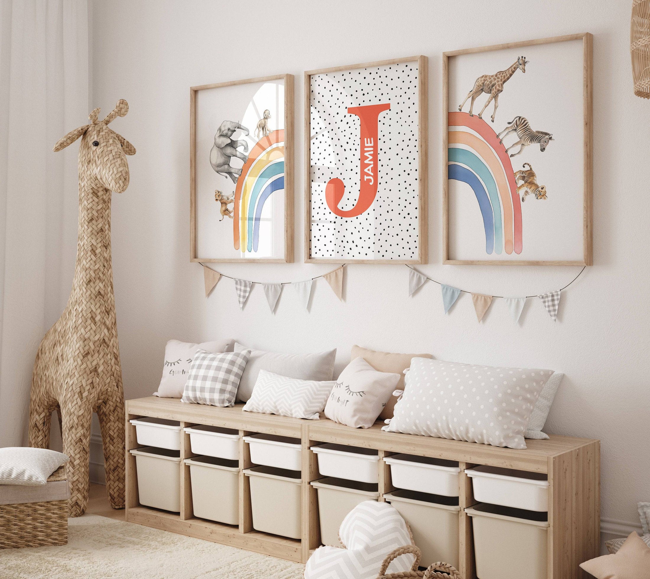 Personalised Rainbow & Safari Animal Wall Art | Polka Dots Rainbow | Set of 3 Nursery Prints - RoseRowanDesign