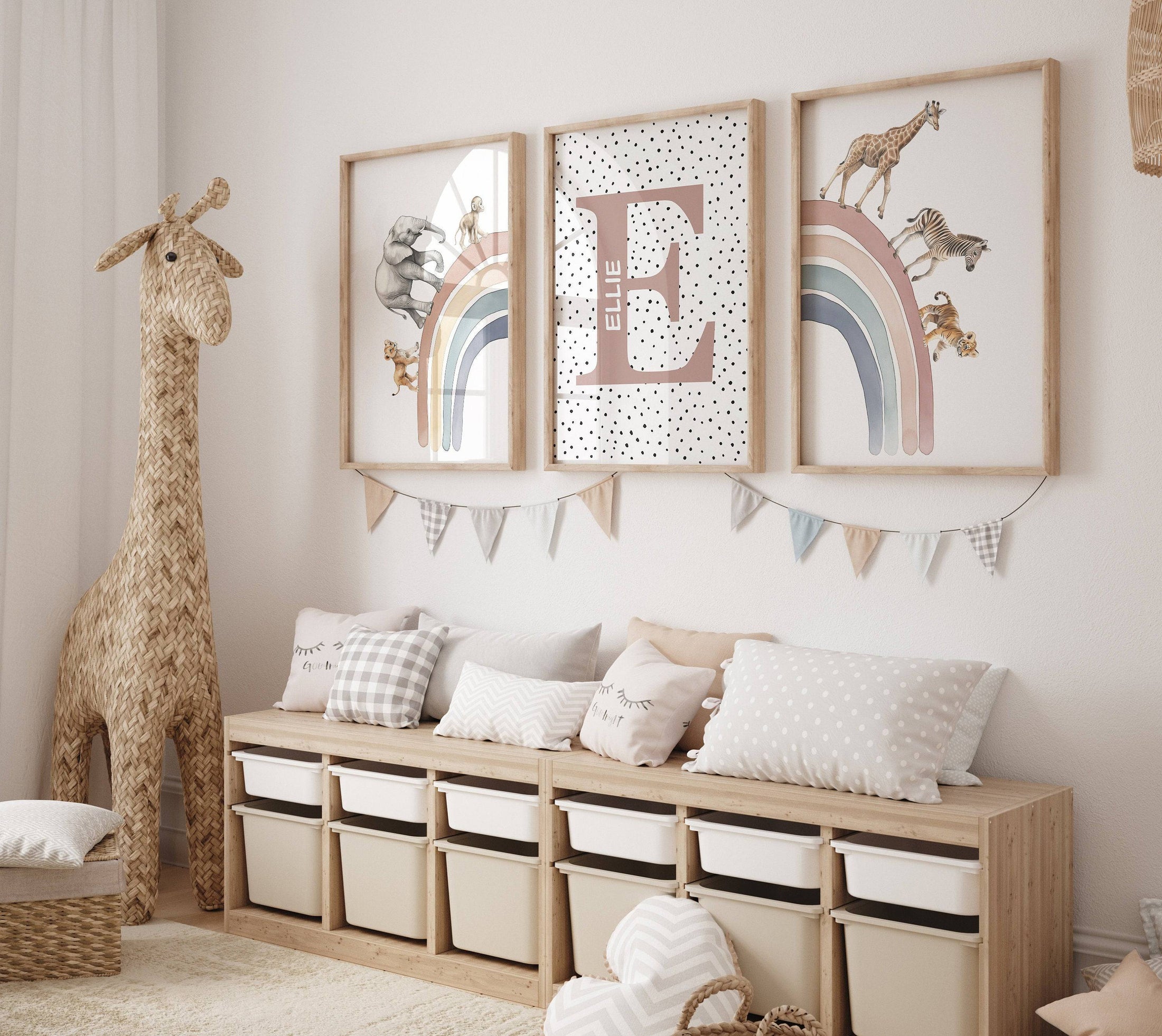 Personalised Rainbow & Safari Animal Wall Art | Polka Dots Rainbow | Set of 3 Nursery Prints - RoseRowanDesign