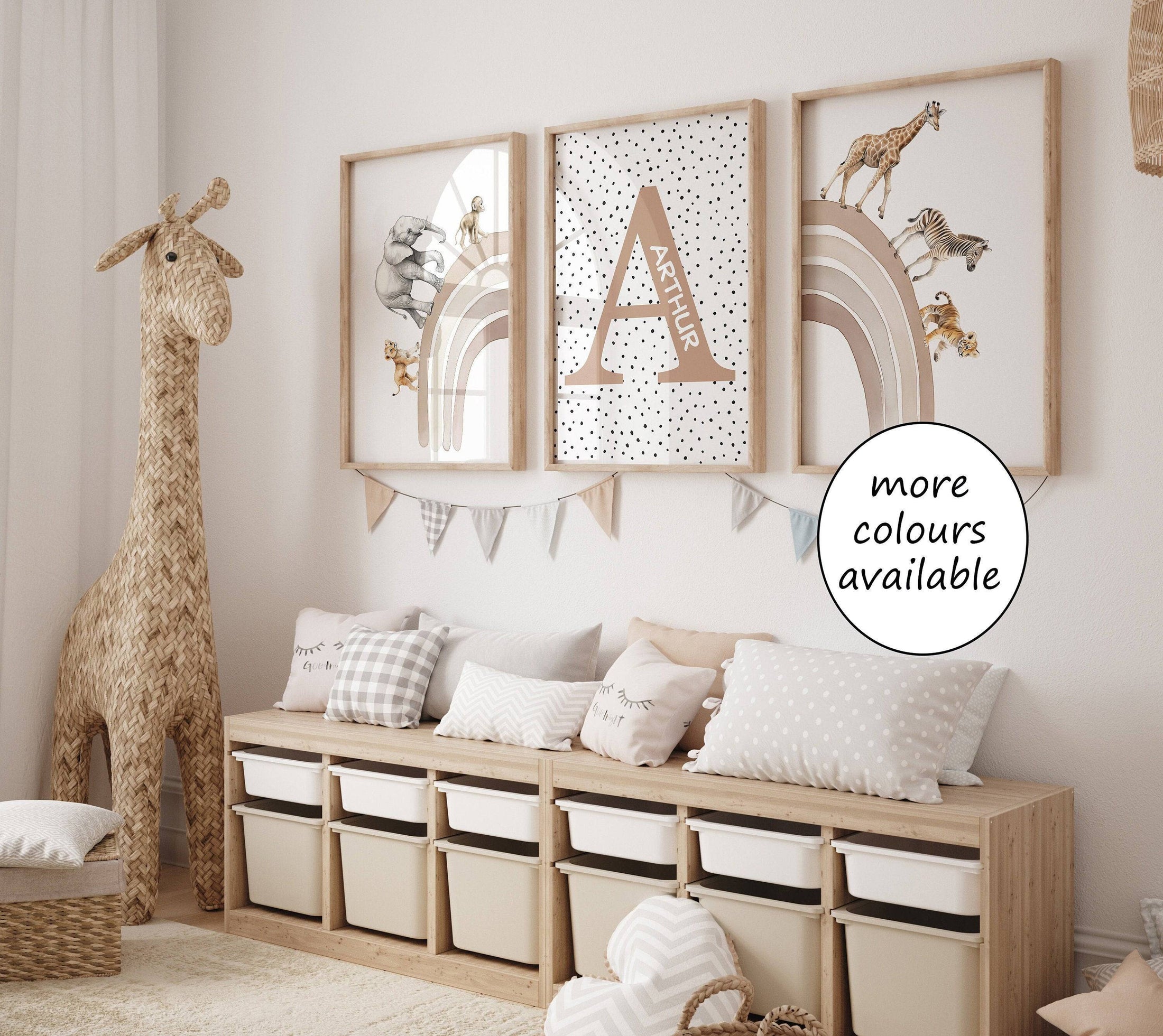 Personalised Rainbow & Safari Animal Wall Art | Polka Dots Rainbow | Set of 3 Nursery Prints - RoseRowanDesign