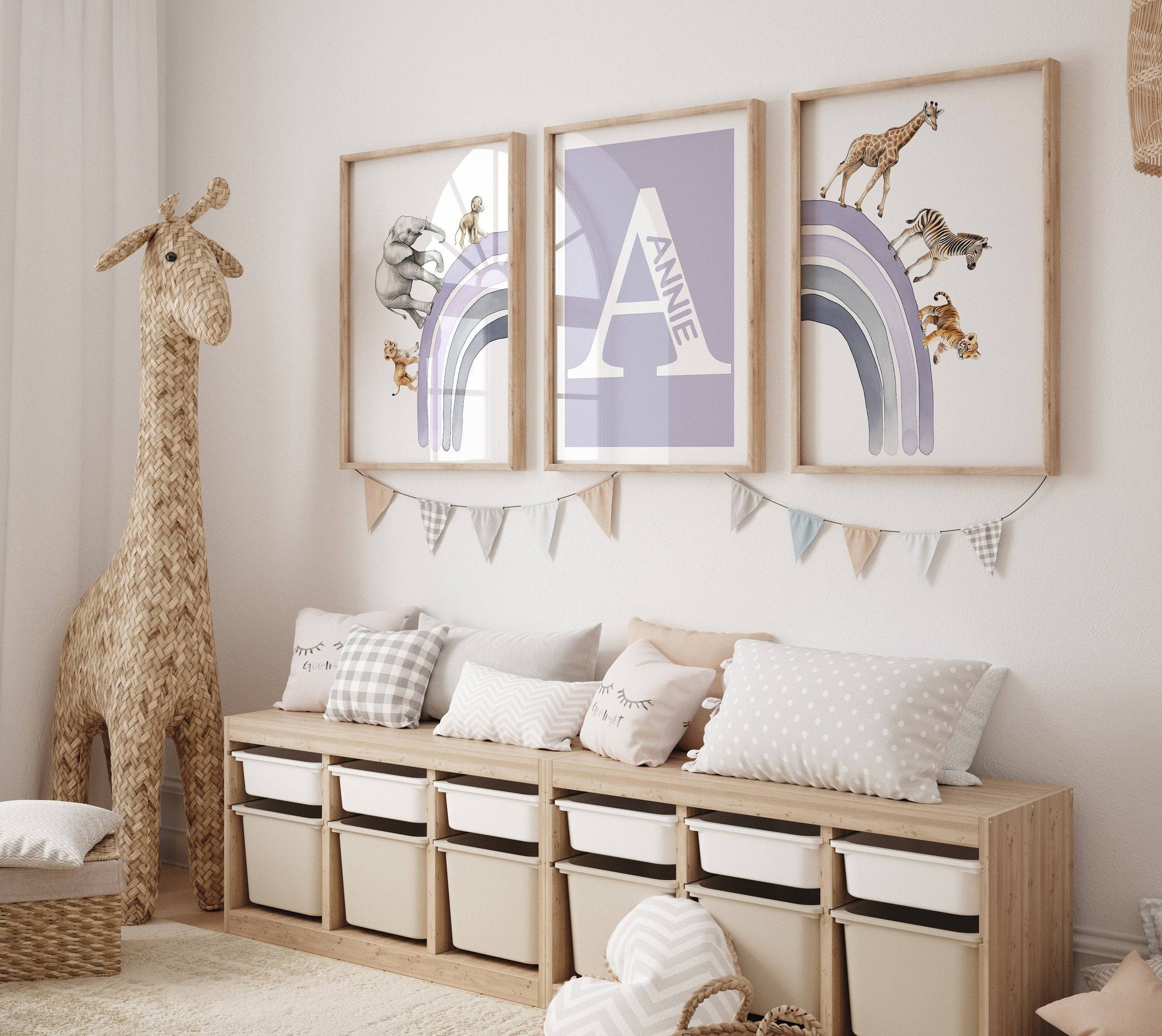 Personalised Rainbow & Safari Animal Wall Art | Solid Colour Rainbow | Set of 3 Nursery Prints - RoseRowanDesign