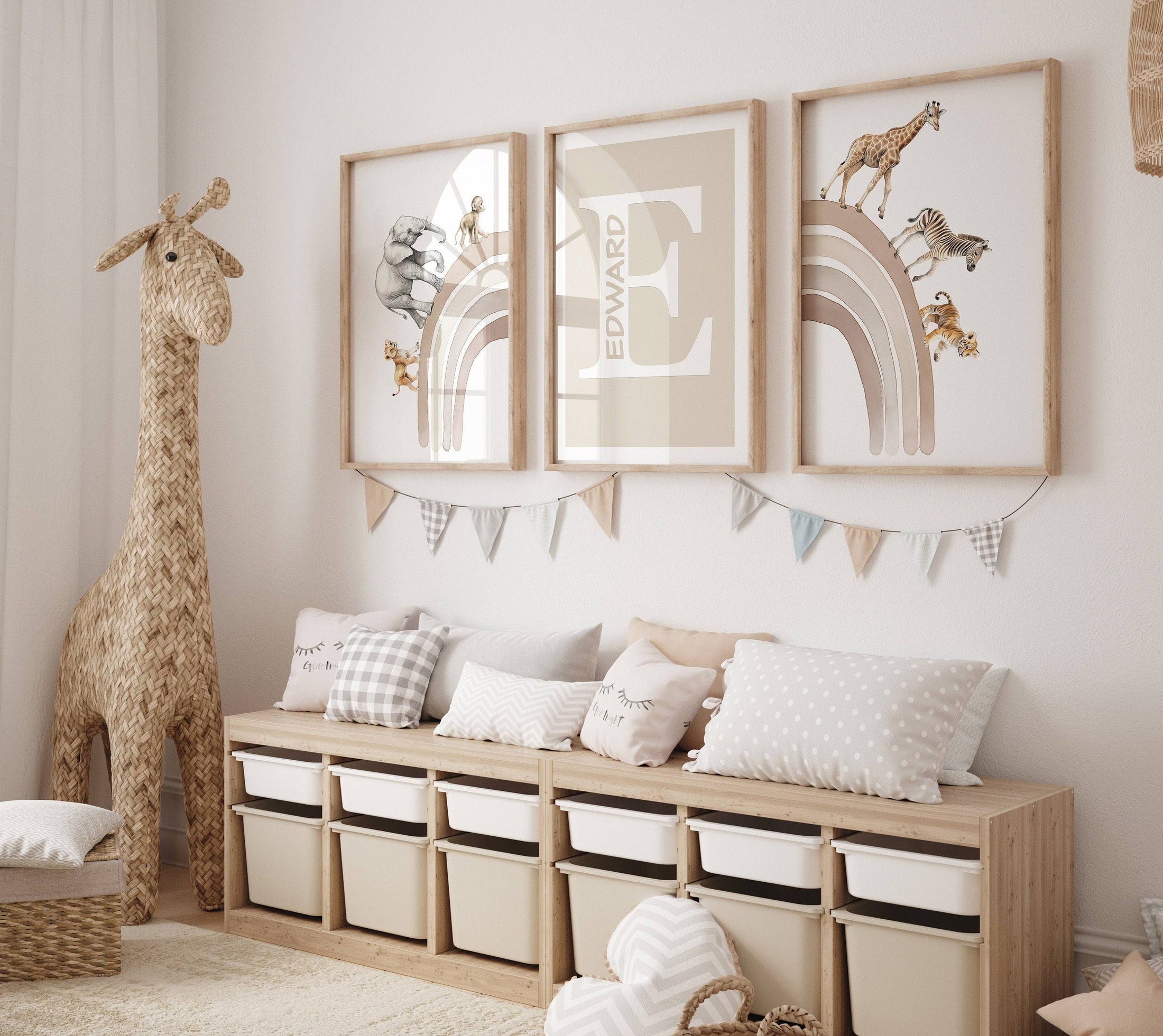 Personalised Rainbow & Safari Animal Wall Art | Solid Colour Rainbow | Set of 3 Nursery Prints - RoseRowanDesign