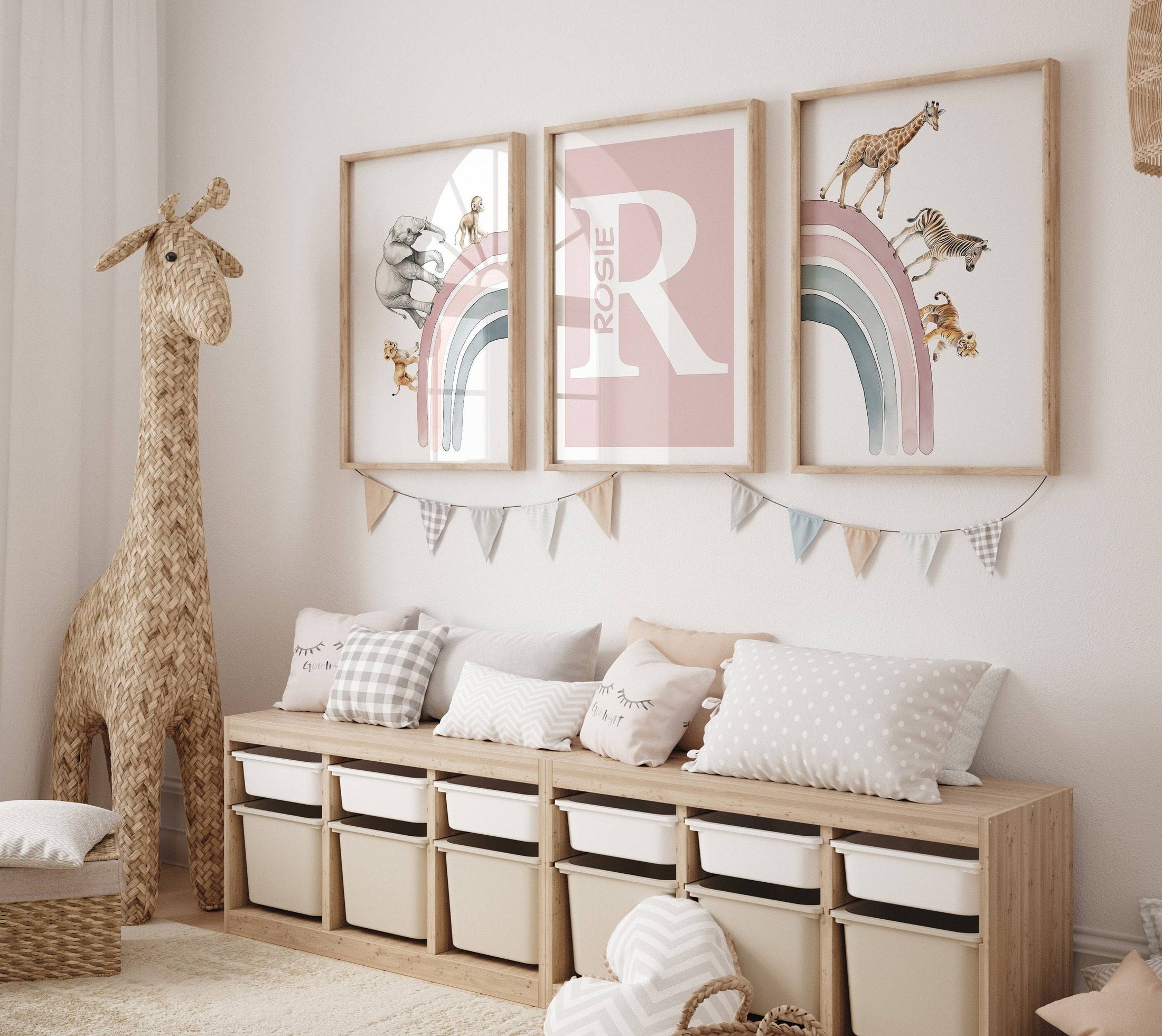 Personalised Rainbow & Safari Animal Wall Art | Solid Colour Rainbow | Set of 3 Nursery Prints - RoseRowanDesign