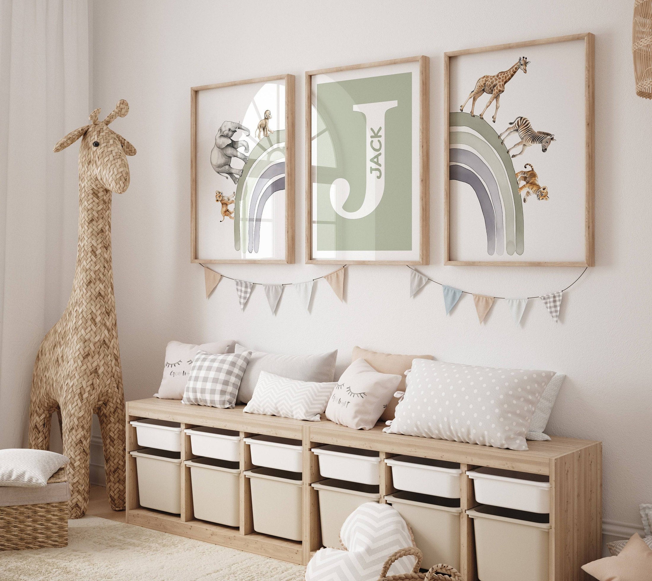 Personalised Rainbow & Safari Animal Wall Art | Solid Colour Rainbow | Set of 3 Nursery Prints - RoseRowanDesign