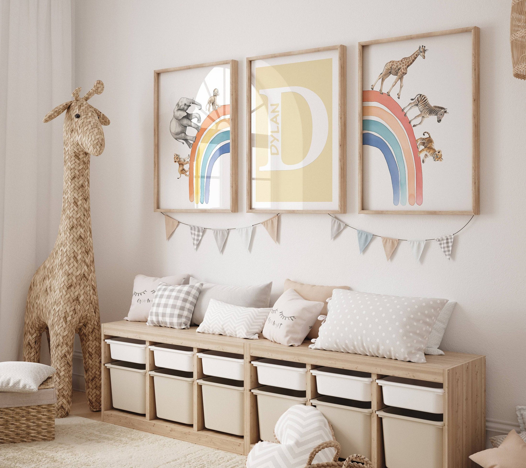 Personalised Rainbow & Safari Animal Wall Art | Solid Colour Rainbow | Set of 3 Nursery Prints - RoseRowanDesign