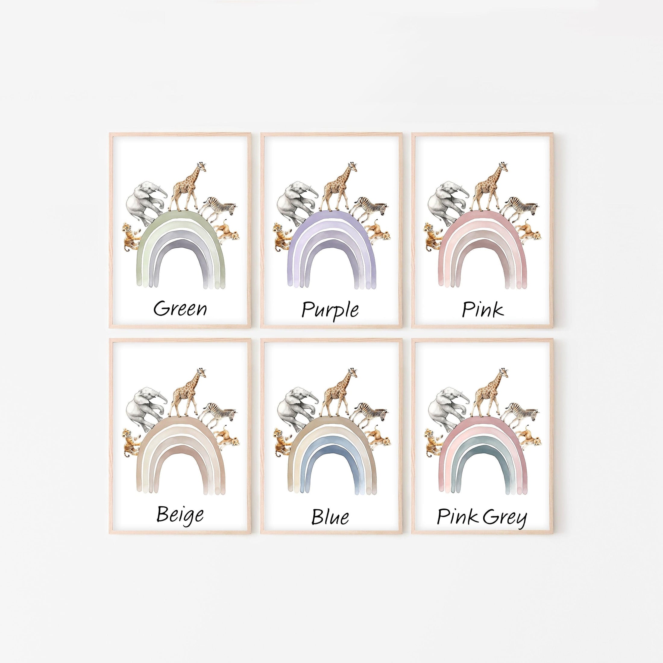 Personalised Rainbow & Safari Animal Wall Art | Solid Colour Rainbow | Set of 3 Nursery Prints - RoseRowanDesign