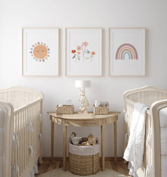 Boho Nursery Prints | Set of 3 Rainbow & Wildflower Art for Baby Girls' Bedroom - RoseRowanDesign