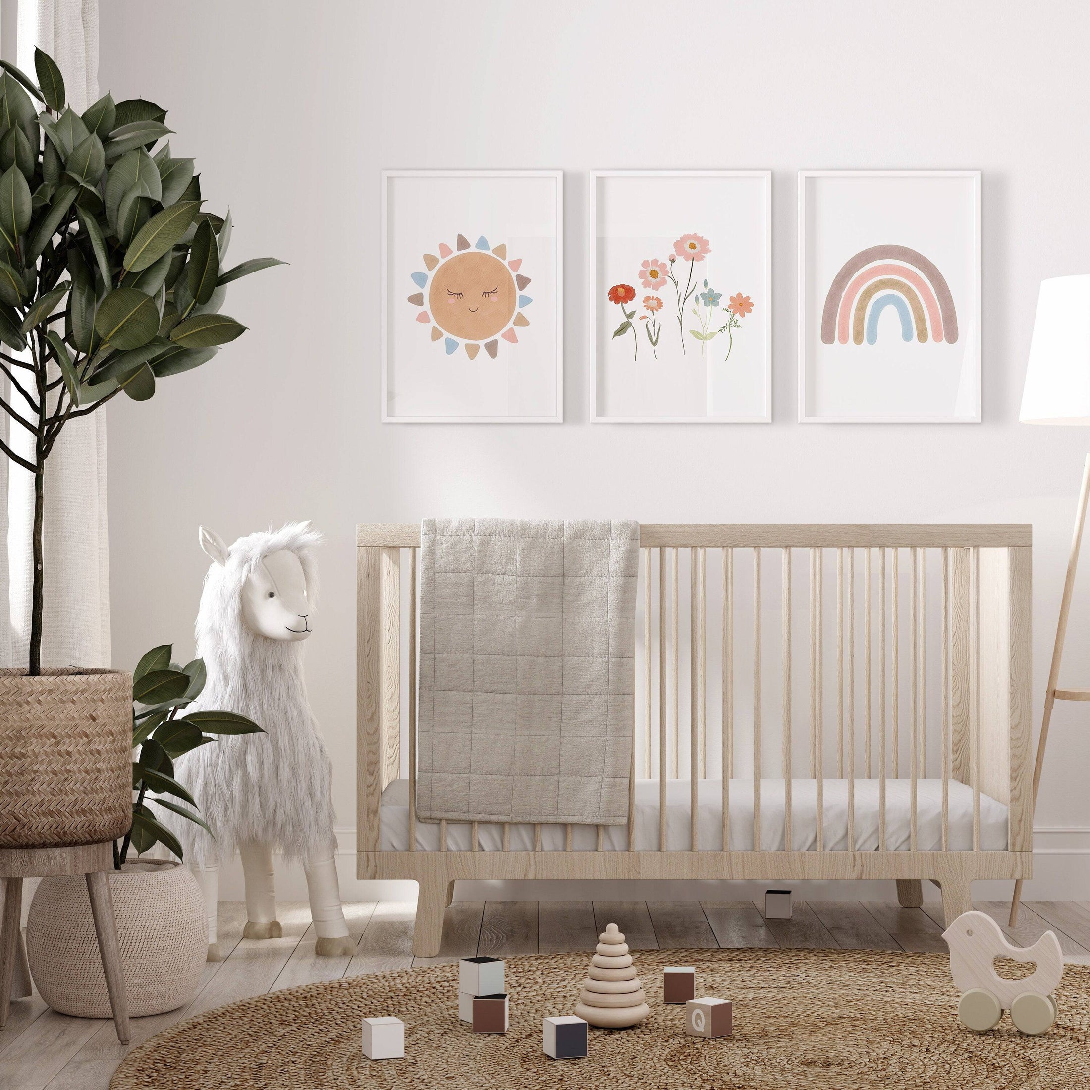 Boho Nursery Prints | Set of 3 Rainbow & Wildflower Art for Baby Girls' Bedroom - RoseRowanDesign