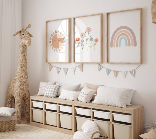 Boho Nursery Prints | Set of 3 Rainbow & Wildflower Art for Baby Girls' Bedroom - RoseRowanDesign