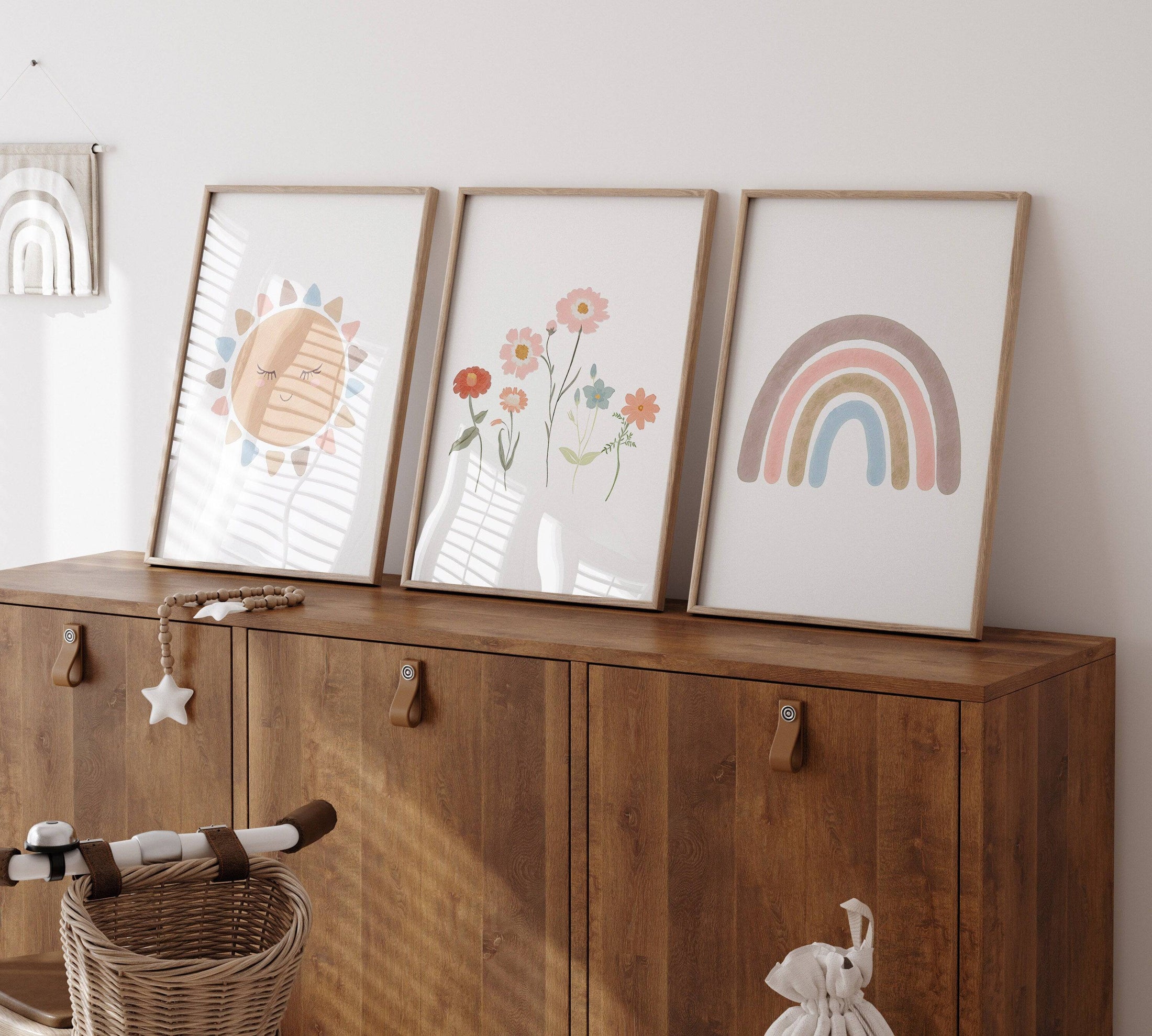 Boho Nursery Prints | Set of 3 Rainbow & Wildflower Art for Baby Girls' Bedroom - RoseRowanDesign