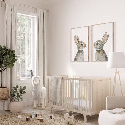 Bunny Prints for Nursery | Set of 2 Grey Rabbit Wall Art | Gender Neutral Decor - RoseRowanDesign