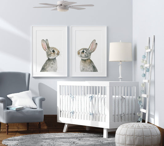 Bunny Prints for Nursery | Set of 2 Grey Rabbit Wall Art | Gender Neutral Decor - RoseRowanDesign