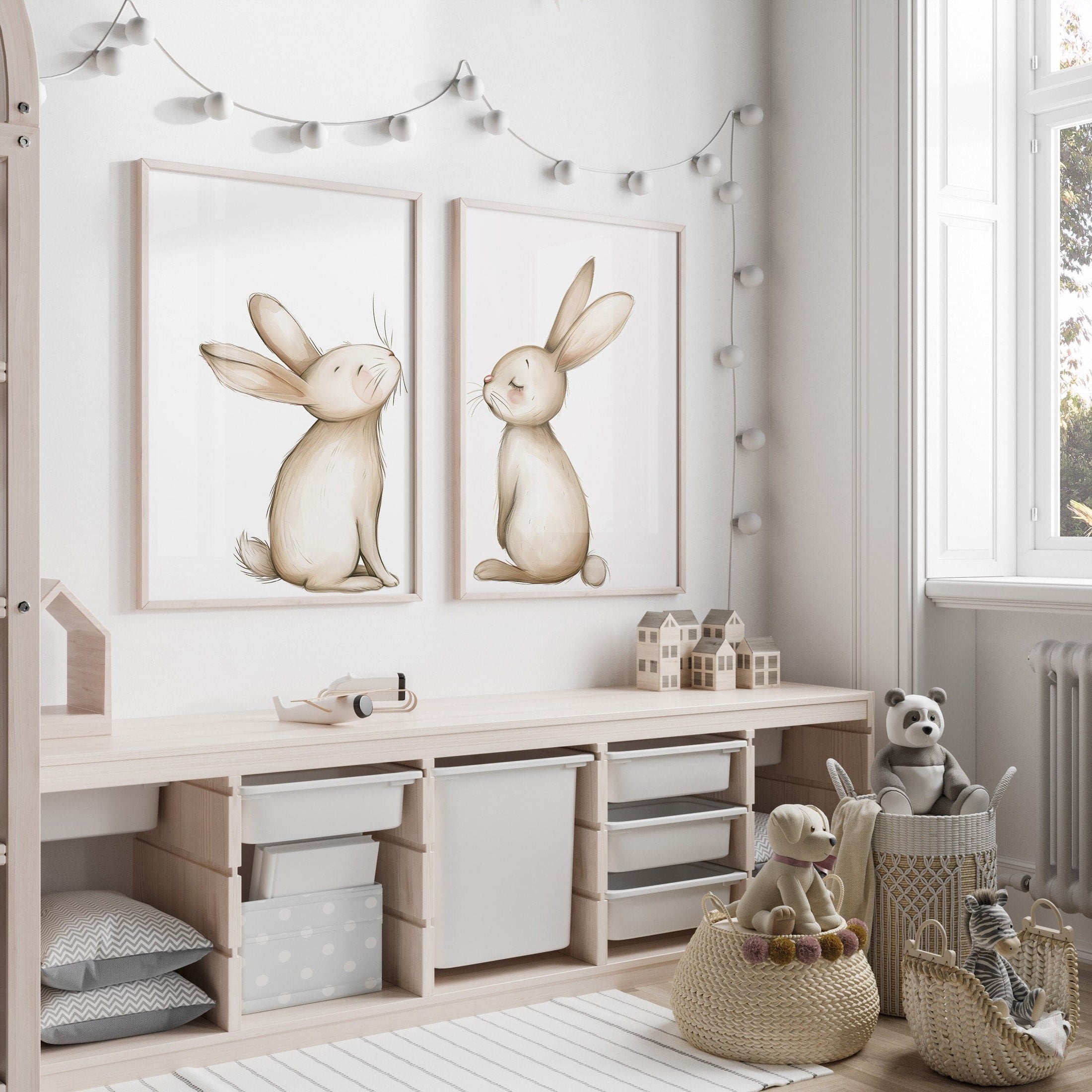 Bunny Prints for Nursery | Set of 2 Rabbit Wall Art | Gender Neutral Kids Room Decor - RoseRowanDesign