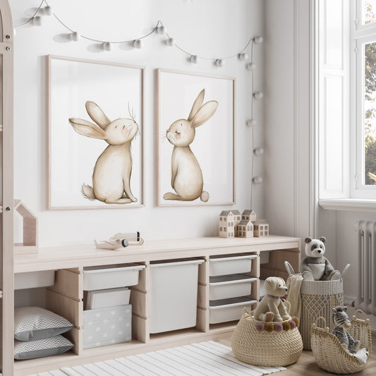 Bunny Prints for Nursery | Set of 2 Rabbit Wall Art | Gender Neutral Kids Room Decor - RoseRowanDesign