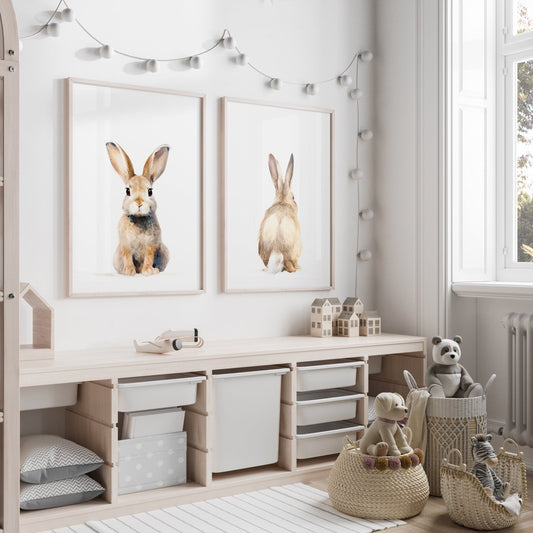 Bunny Prints for Nursery | Set of 2 Rabbit Wall Art Prints | Neutral Nursery Decor - RoseRowanDesign