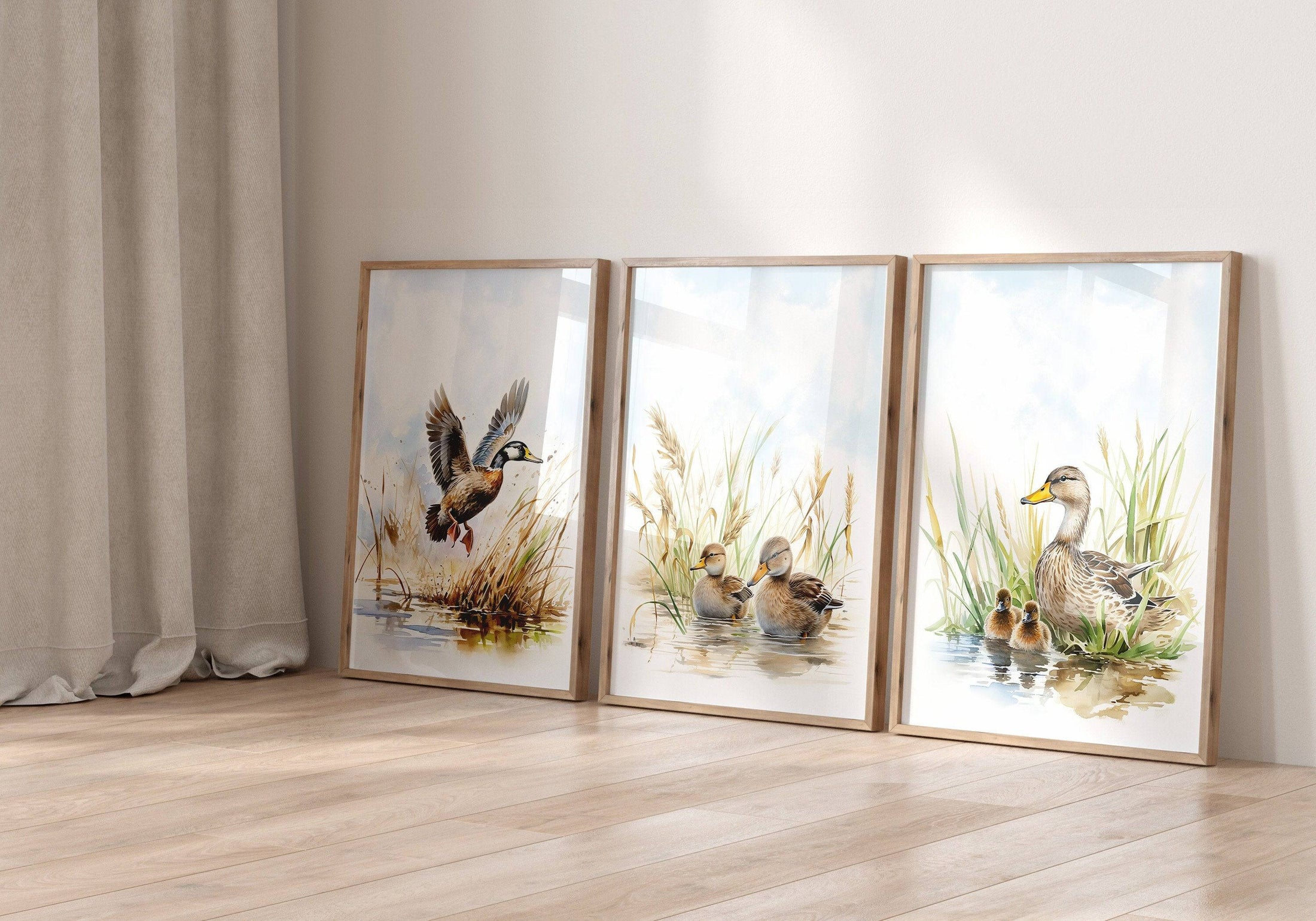 Ducks Nursery Prints | Set of 3 Mallard Duck Wall Art | Gender Neutral Farmhouse Decor - RoseRowanDesign
