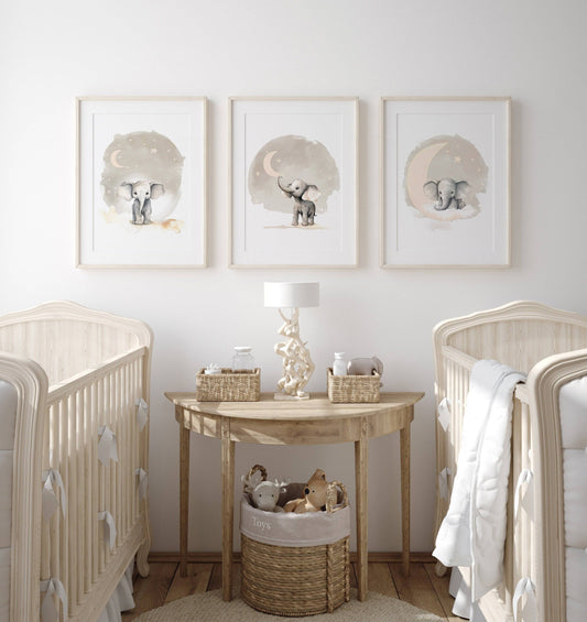 Elephant Theme Kids Wall Art | Beige | Set of 3 Nursery Prints - RoseRowanDesign