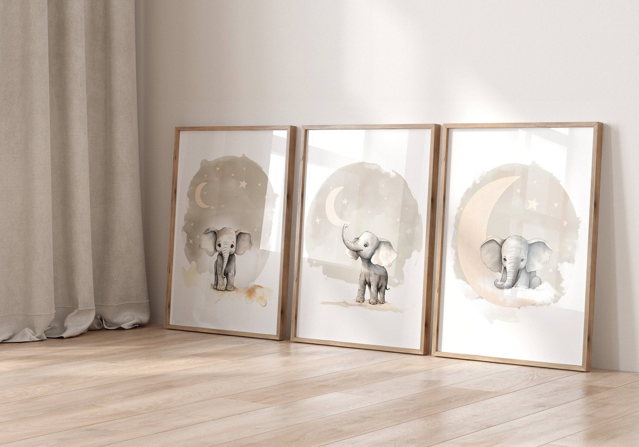 Elephant Theme Kids Wall Art | Beige | Set of 3 Nursery Prints - RoseRowanDesign