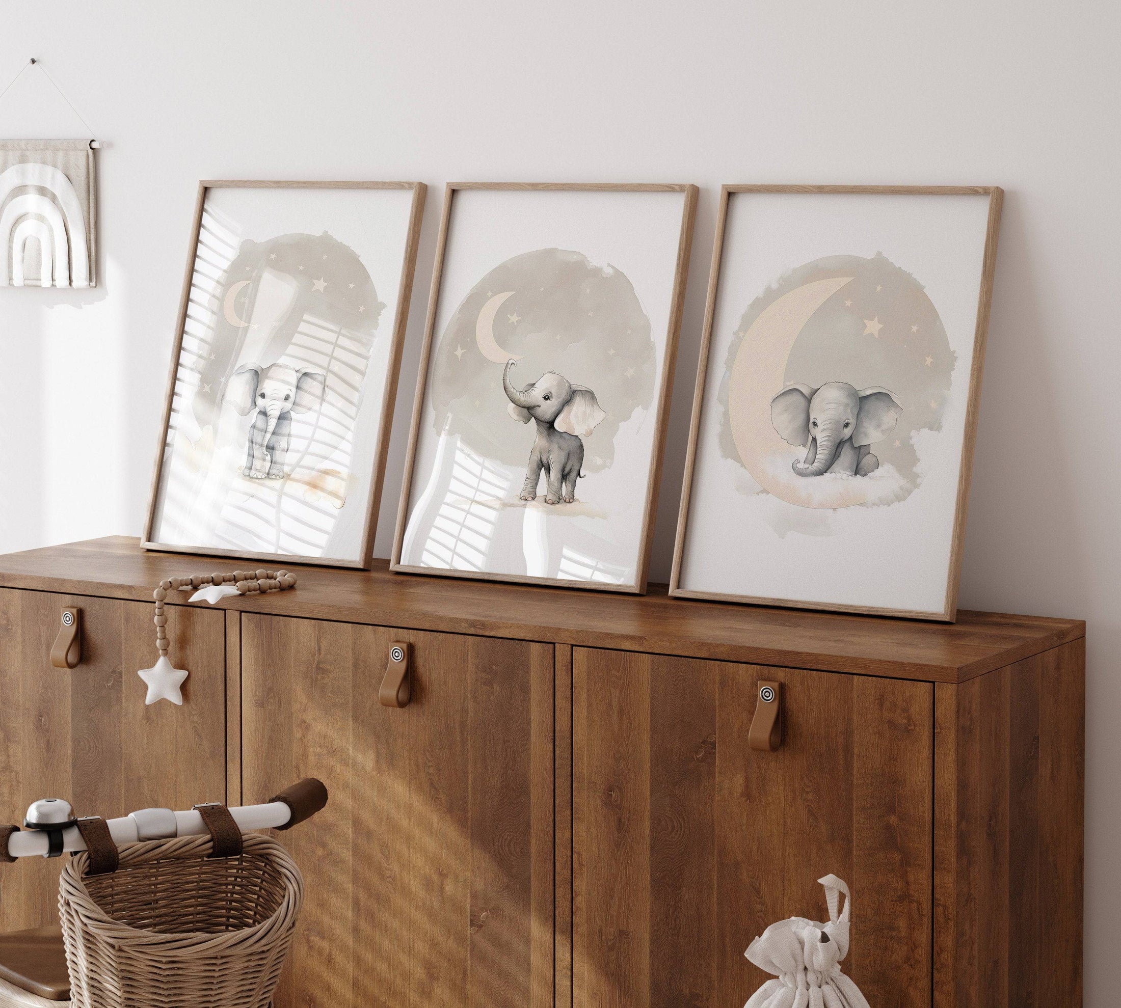 Elephant Theme Kids Wall Art | Beige | Set of 3 Nursery Prints - RoseRowanDesign