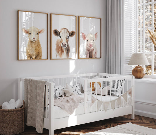 Farm Animal Nursery Prints | Set of 3 Barnyard Animal Wall Art for Boys & Girls Bedrooms - RoseRowanDesign