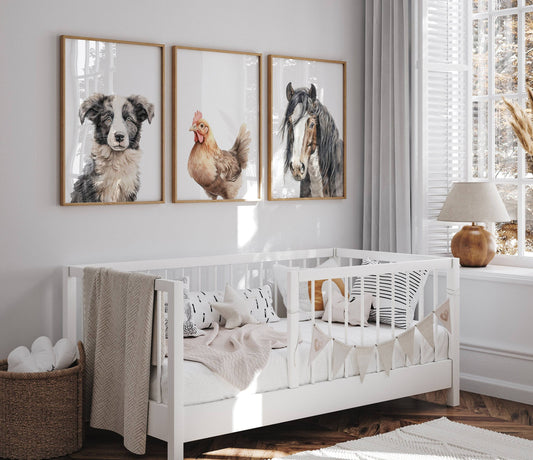 Farm Animal Nursery Prints | Set of 3 Barnyard Animal Wall Art for Boys & Girls Bedrooms - RoseRowanDesign