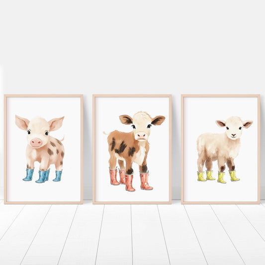 Farm Animal Nursery Prints | Set of 3 Farm Theme Wall Art for Babies Room & Playroom - RoseRowanDesign
