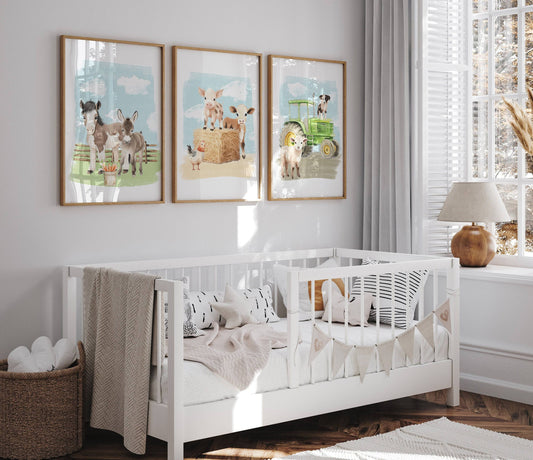 Farm Animal Nursery Wall Art | Set of 3 Farm Prints | Barnyard Theme Decor for Boys Room - RoseRowanDesign