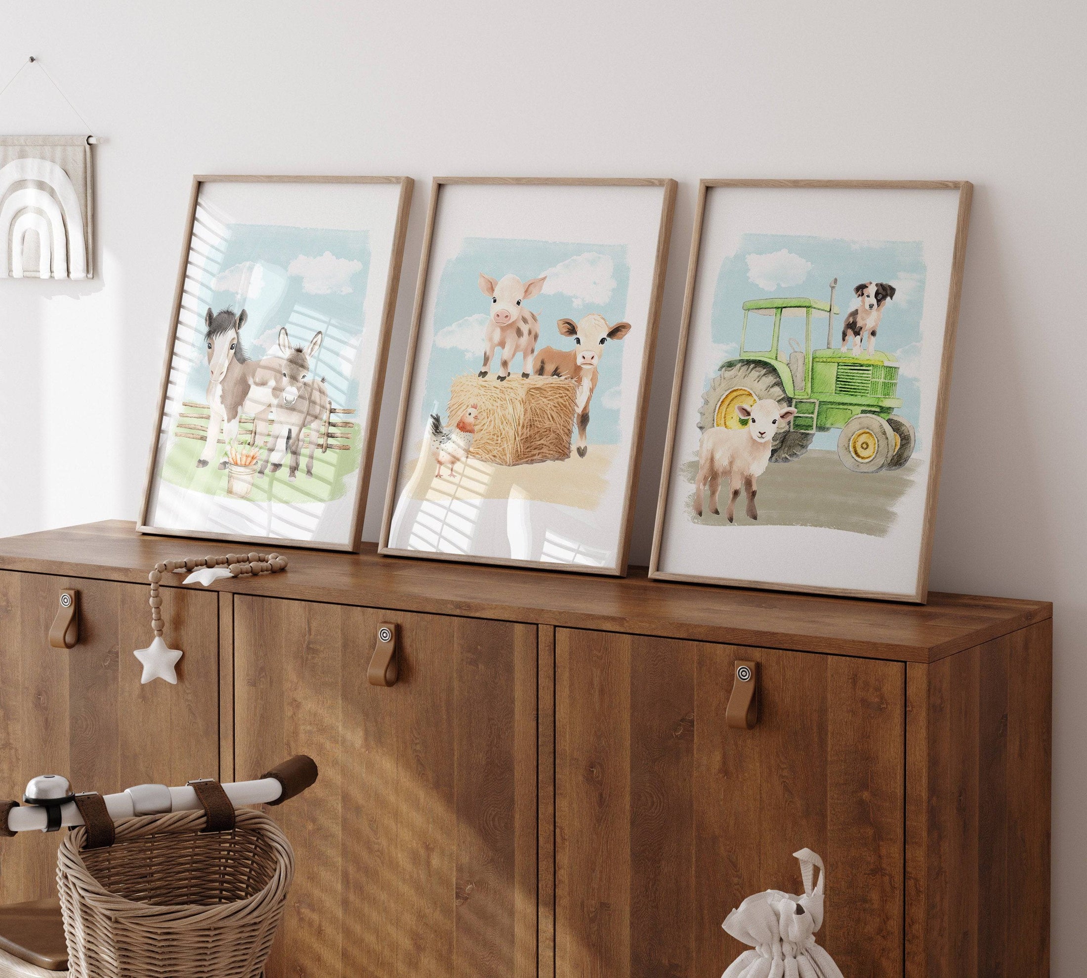 Farm Animal Nursery Wall Art | Set of 3 Farm Prints | Barnyard Theme Decor for Boys Room - RoseRowanDesign